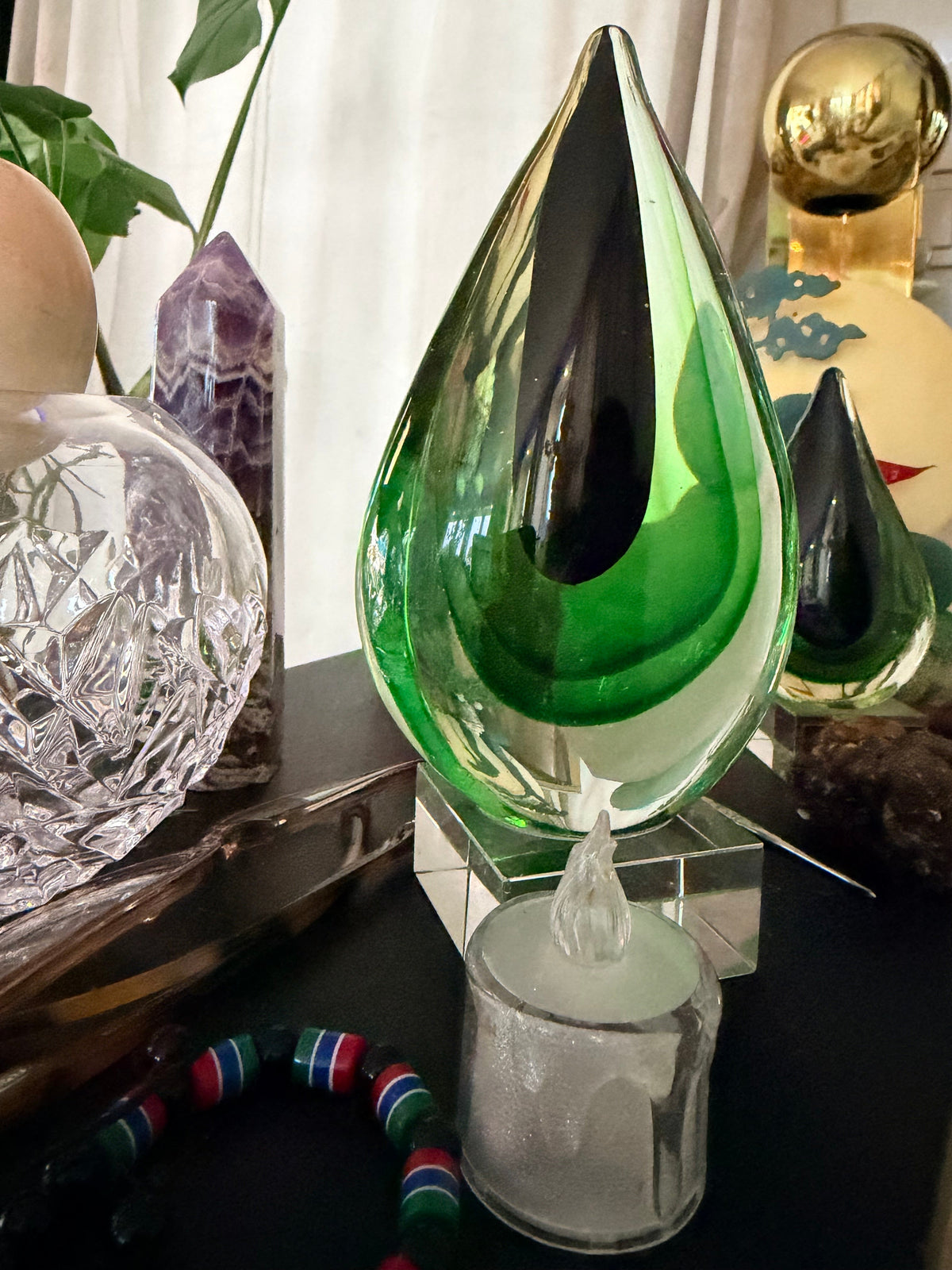 AFJM-0046: Murano Sommerso Droppskulptur – Grönt & Svart Konstglas, Italien 1960/70-tal